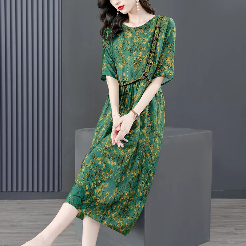 

2023 New Fashion Silk Printed Dress Women's Summer Vintage Round Neck 5/4 Sleeve Loose Fit Casual Vacation Vestidos
