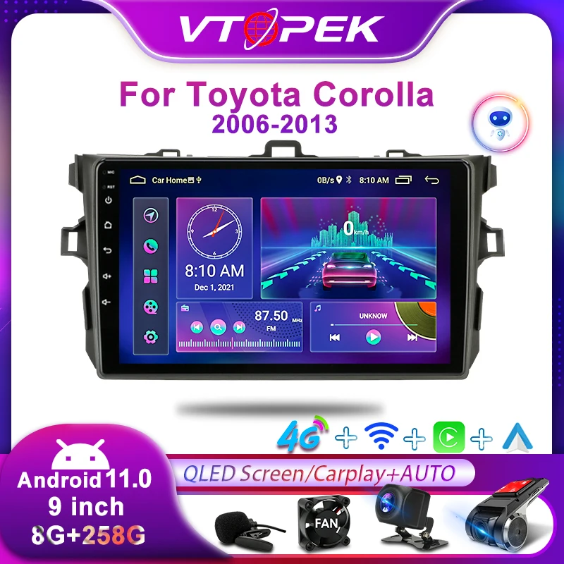 

Vtopek 2Din 9" 4G Android 11 Car Radio Multimedia Players GPS For Toyota Corolla E140/150 2006-2013 Head Unit Carplay stereo