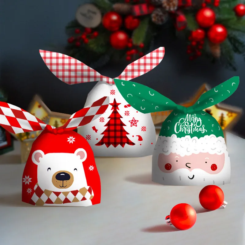 10Pcs Christmas Candy Bag, Cute Rabbit Ear Cookie Plastic Bags, Xmas Party Decoration, Gift Bags For Biscuits Snack Baking Package