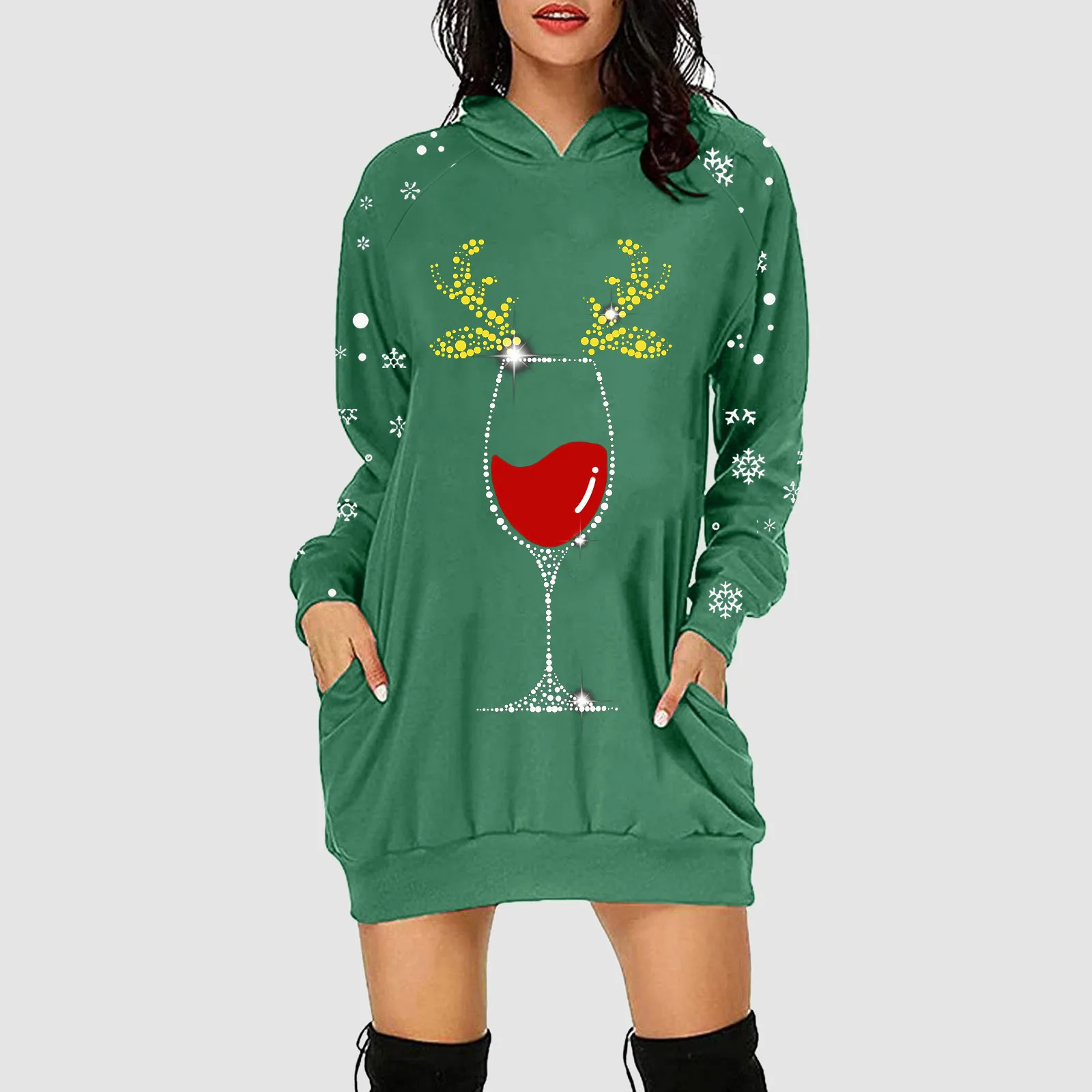 

Christmas Women Hoodie Dress Fashion Red Wine Glasss Print Dress Bag Hip Pocket Pullovers Hoodie Sweatshirt Mini Dress Vestidos