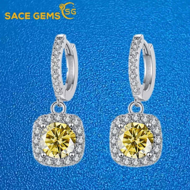 

SACE GEMS Certified 2ct Moissanite Drop Earrings for Women Platinum Plating Sterling Silver Diamond Ear Clip Fine Jewelry Gifts
