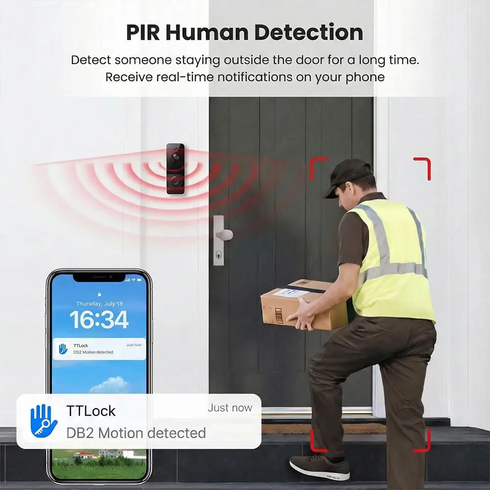 DB2 간편 설치 가정용 무선 와이파이 1080p 배터리 충전식 도어벨 인터폰 카메라 비디오 도어벨