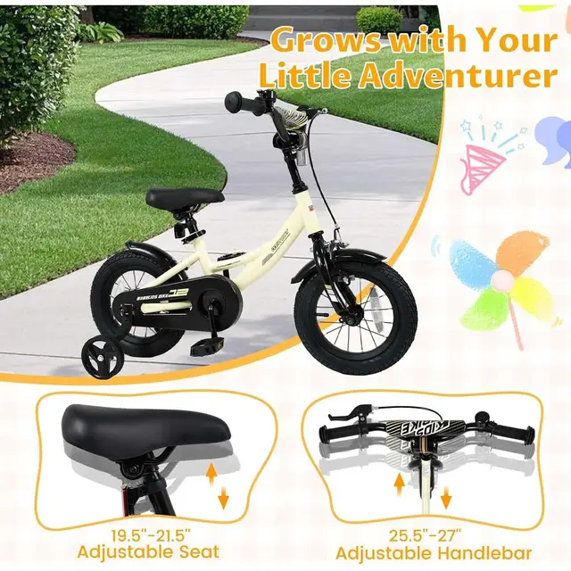 Children's Bikes, 12-18 Inch with Training Wheels, Dual Brakes, Adjustable Seat & Handlebar, Suitable for 3-8 Years