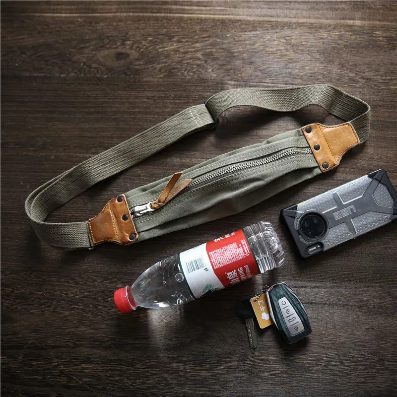 

Men Casual Sports One Shoulder Crossbody Bag Canvas With Top Cowhide Leather Vintage Chest Bag Mobile Phone Key Pouch