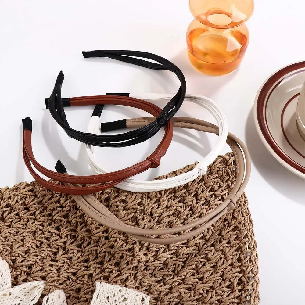 Women Hairpin Hair Clip Gilrl Headband Knotted PU Leather Headband Female Hair Accessories Thin Hair Band Korean Style Headwear