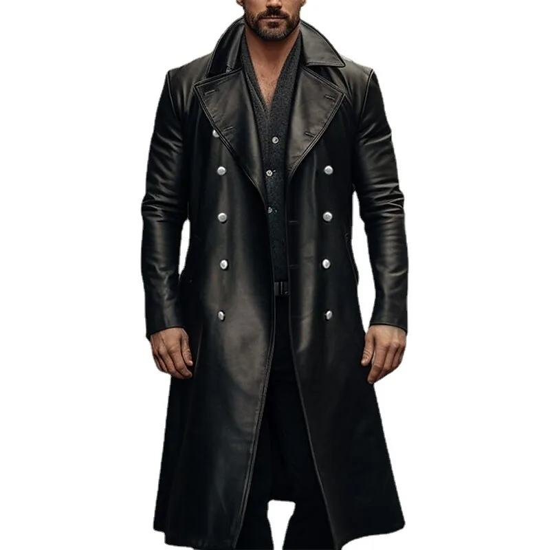 European and American Large-sized Long Leather Windbreaker Men's Double Breasted Leather Jacket Medieval Clothing Leather Coat