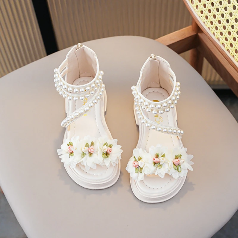 Girls Princess Flower Sandals Pearl Zipper High-top Kids Summer Shoes