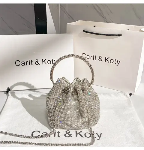 Rhinestones Diamond Evening Clutch Bag Luxury Designer Metal Ring Women's Handbag Wedding Party Bling Bucket Purse Shoulder Bag - Image 4