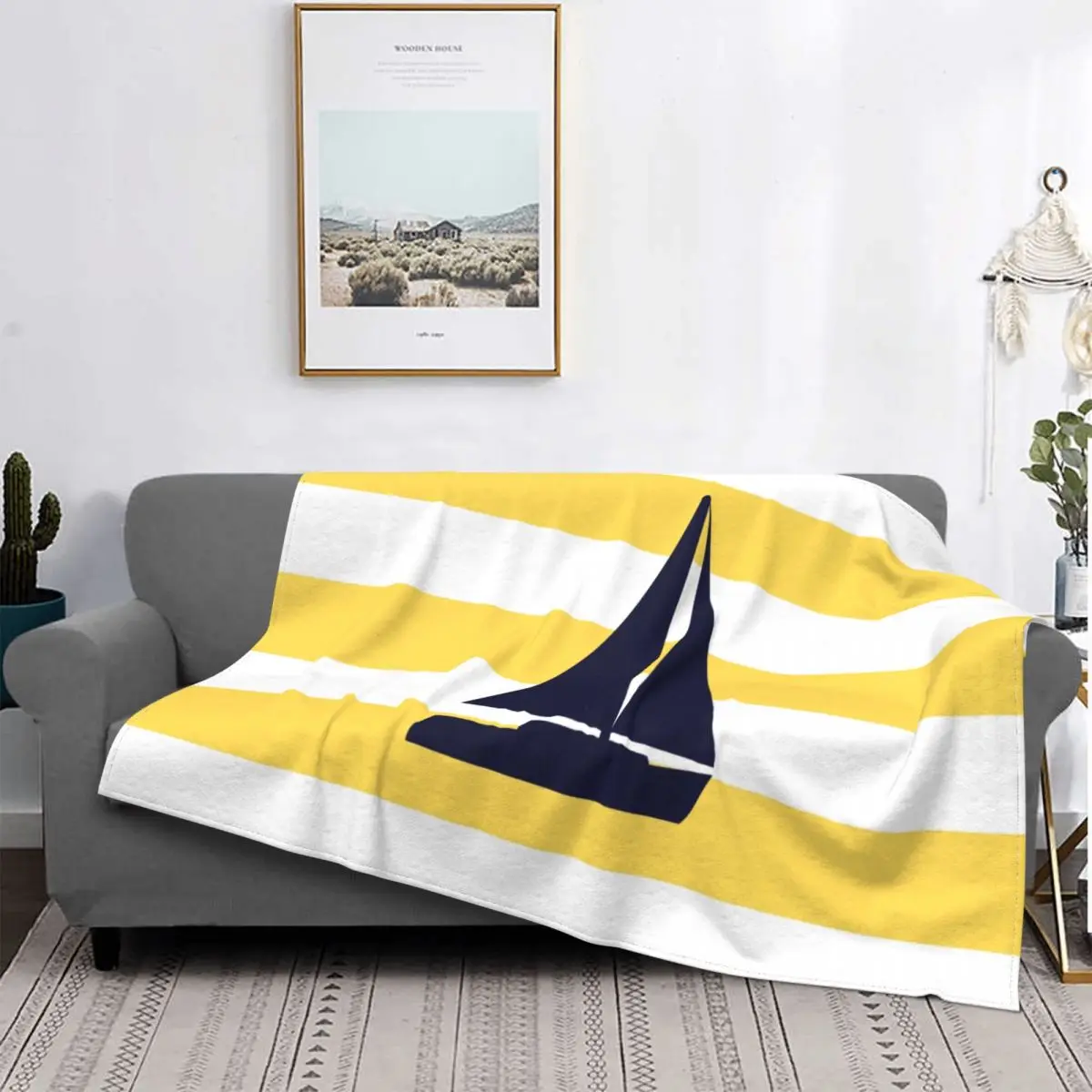 

Sailboat On Mustard Yellow Stripes Blanket Warm Fleece Soft Flannel Nautical Navy Blue Throw Blankets for Bedding Sofa Autumn