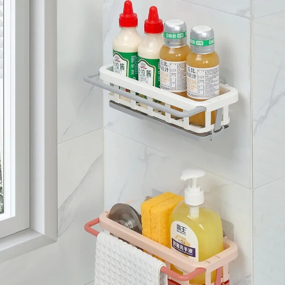 Telescopic Cloth Rack Kitchen Storage Non Perforated Storage Wall Mounted Seasoning Rack Household Drain Basket Sink