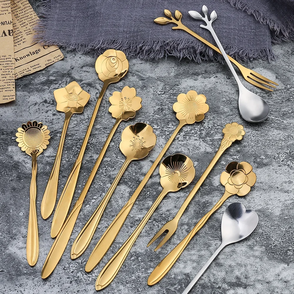 2Pcs/set Creative Stainless Steel Flowers Shape Dessert Spoons Kids Sugar Spoons Set Kitchen Accessories Wedding Gift Box set