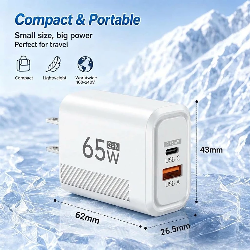 High-Speed 65W Dual-Port USB C Wall Charger for Phones, Tablets, and Gaming Consoles
