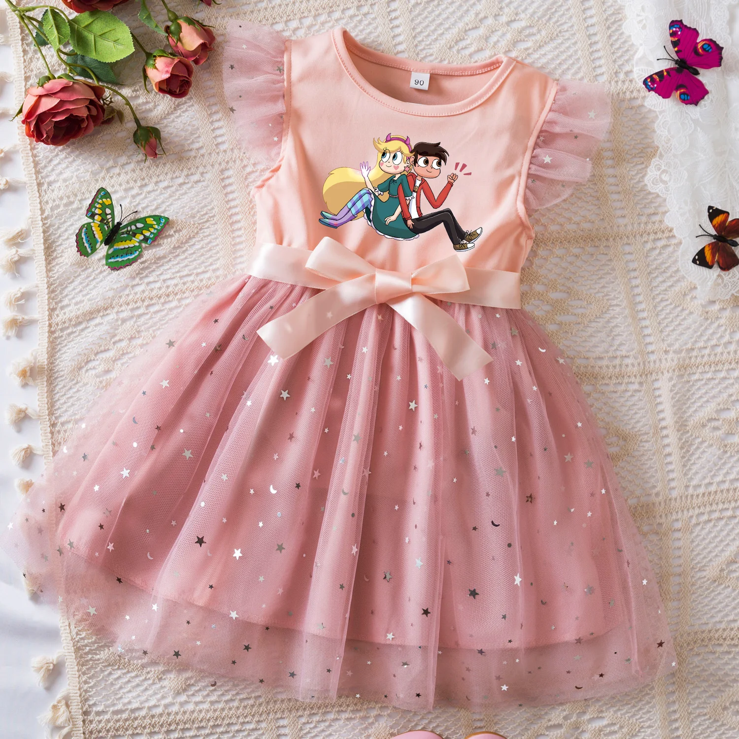 

Star vs. the Forces Girls Summer Clothes Flying Sleeves Bow Sequin Dress 2-6Y Kid Birthday Tutu Princess Dress for Baby Girl