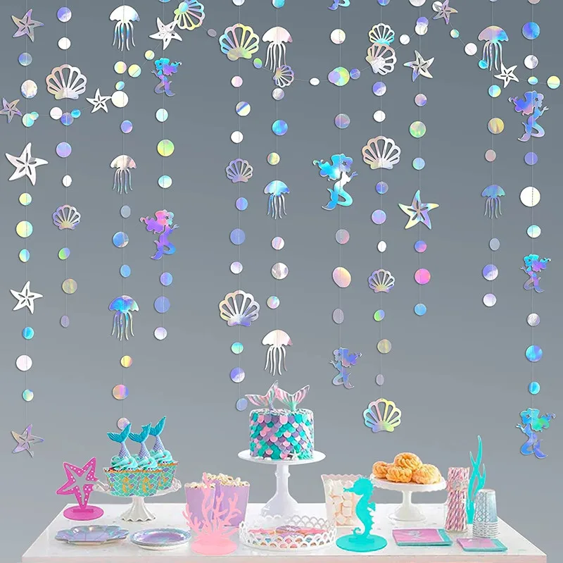 Birthday Banner Iridescent Mermaid Girl Mermaid Party Starfish Jellyfish Hanging Garland for Under The Sea Birthday Baby Shower DIY Decor