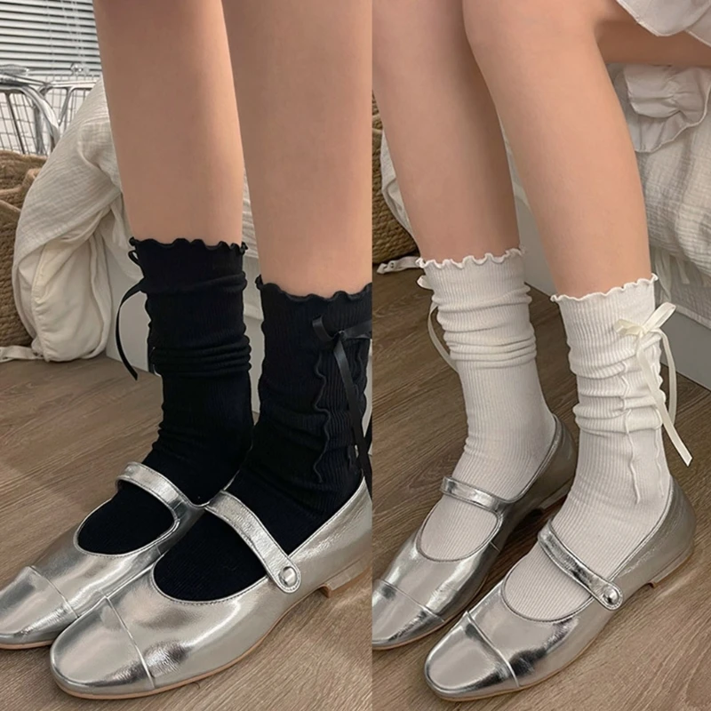 

Japanese Sweet Bowknot Socks JK Uniform Loose Socks Ruffled Boot Socks