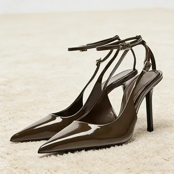 Sexy Pointed Toe Ankle Straps Buckle Women Pumps Patent Leather Slingbacks High Heels Elegant Party Shoe Stiletto Heeled Sandals