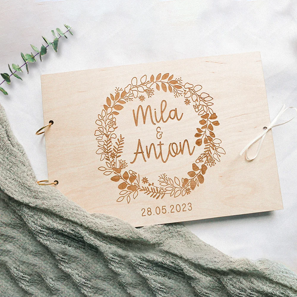 Personalized Wood Guestbook Name and Date, Elegant Sign in Message Book, Memory Book Rustic Wedding Decoration 100 Pages