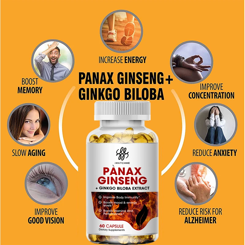 Red Panax Ginseng + Ginkgo Biloba + Ashwagandha for Energy Strength Focus Memory and Mental Performance 120PCS