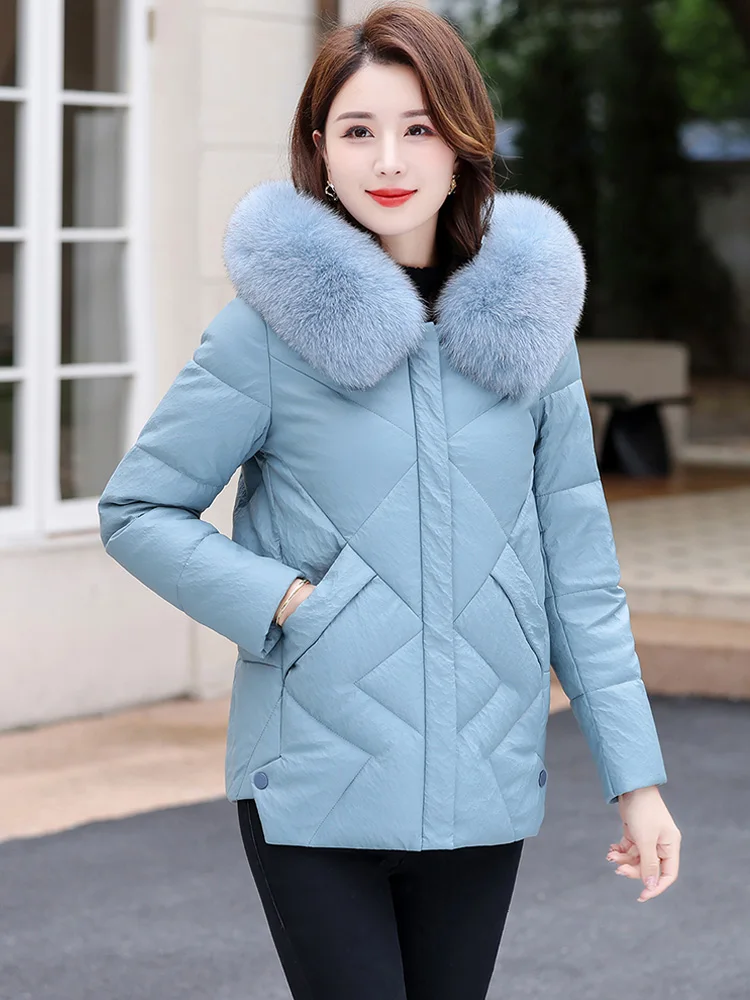 New Women Sheep Leather Down Jacket Winter Fashion Warm Hooded Real Fox Fur Collar Loose Leather Coat Casual Thicken Outerwear
