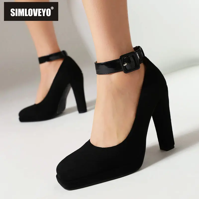 

SIMLOVEYO Ladies Pumps Square Toe Flock Suede Block Heel 11.5cm Ankle Buckle Strap Large Size 41 42 43 Party Mature Female Shoes
