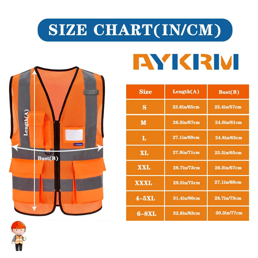 AYKRM 21 color (XS-8XL) Hi Vis Viz وضوح عالية عاكسة الرمز البريدي جيب الأمن سترات سترات سترات العمل