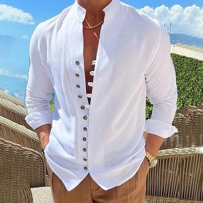 Cotton Linen Shirt Men's Casual Shirt Button Cardigan Shirt Long Sleeved Standing Neck T-shirt Mens Loose Base Shirt White Shirt
