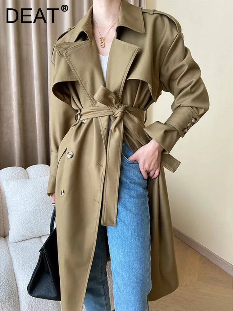 

DEAT Fashion Women's Trench Coat Belt Lapel Long Sleeves Double Breasted Patchwork Pockets Windbreaker Autumn 2023 New 7AB211