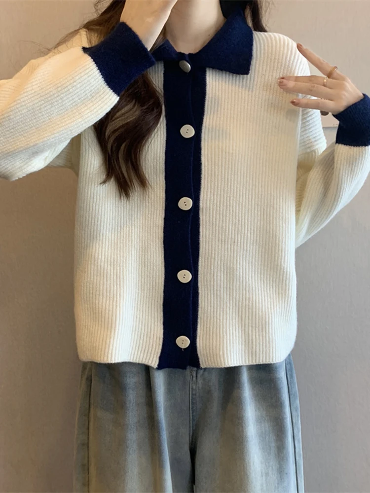 IUOIIN 턴다운 칼라 가디건 여성용 스웨터, 2023 가을 패션, 루즈 버튼, 솔리드 가디건, 기본 싱글 브레스트 의류