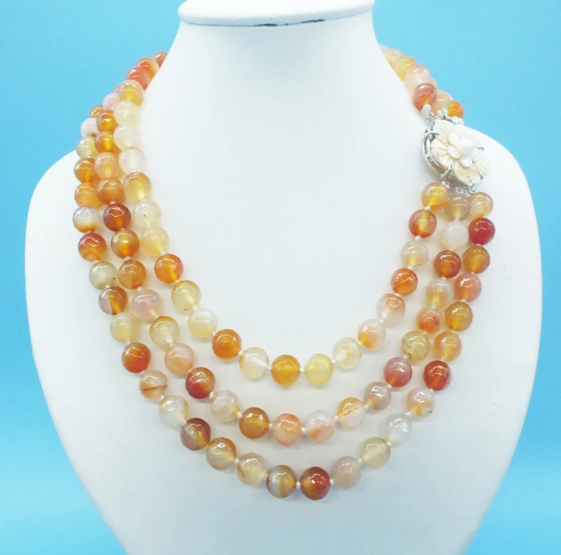 

10MM 3 rows natural Brazilian semi-precious stone necklace, classic bride. Bridesmaid, jewelry necklace, 18 -20"