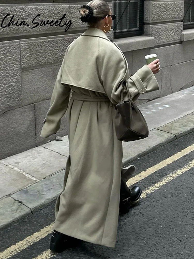 Urban Solid Double Breasted Long Women Coat Casual Full Sleeve Belt Double Breasted Female Jacket 2024 Autumn Winter Lose Lady 3