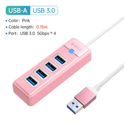 Colorful High-Speed 4-Port USB 3.0 Hub and OTG Adapter (USB A 15cm Pink)