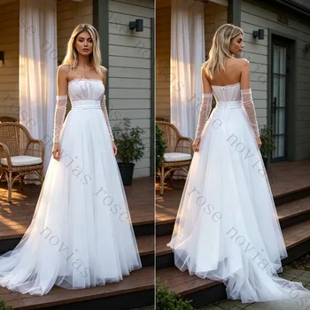 Abito da Sposa Boho Personalizzato in Chiffon, Senza Spalline, Maniche Lunghe, Gonna in Tulle Staccabile, Linea A, per Cerimonie in Spiaggia e Giardino