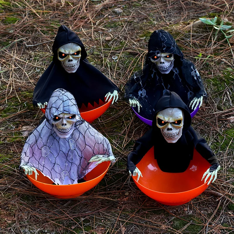 

Halloween Candy Bowl Skeleton Animated Halloween Decorations Screaming Skull Fruit Plate with Glowing Eyes for Trick or Treat