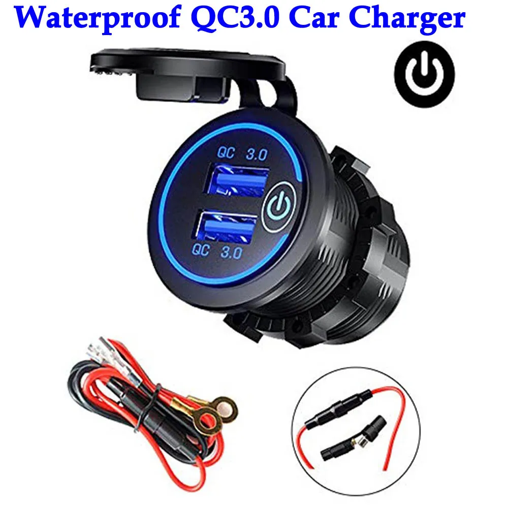 

Waterproof QC3.0 Car Charger with Touch Switch Dual USB Ports Power Adapter DIY KIT for 12V/24V Connector Motorcycle Boat Truck