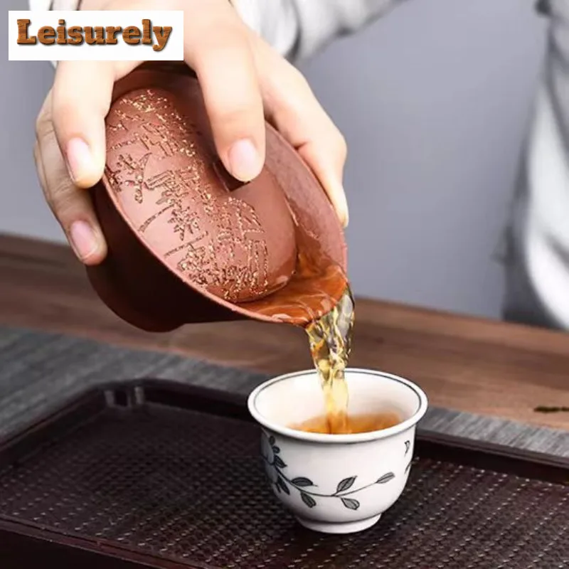 80ml Pure Handmade Engrave Yixing Raw Ore Purple Clay Gaiwan Raw Ore Mud Tea Tureen Tea Maker Lid Bowl Authentic Zisha Teaset
