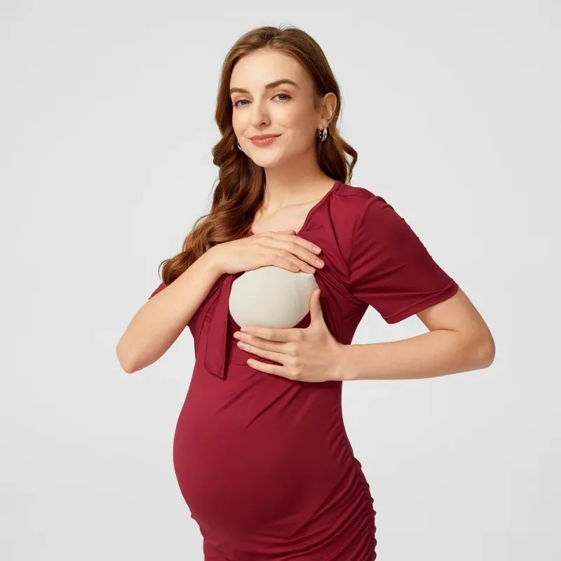 Summer Short sleeved Breastfeeding Round Neck Red Dress Comfortable Fashionable Trendy Solid Color Bow Maternity Wear 4 S6722d40f27d346ce832f832fec66bf486
