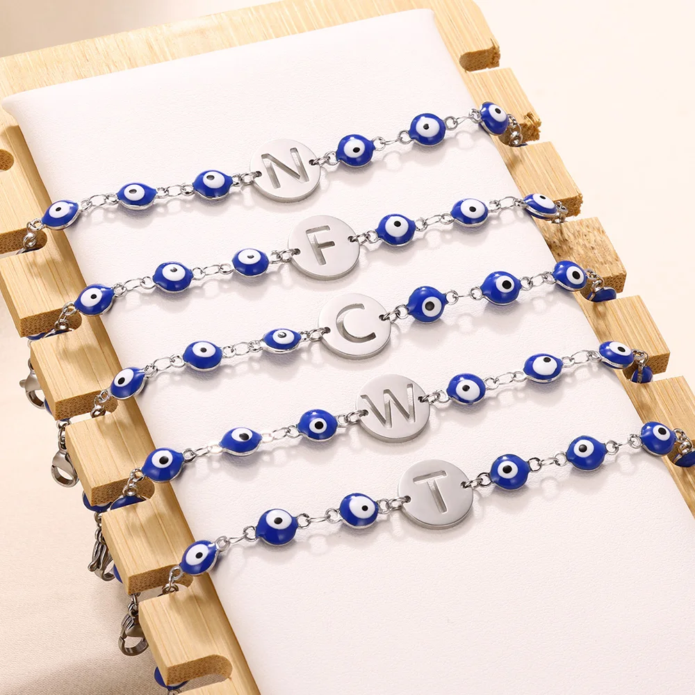 Turkish Blue Eye Letters Bracelets For Women Girl Men Jewelry Stainless Steel Silver Color Initials Round Bracelet Femme