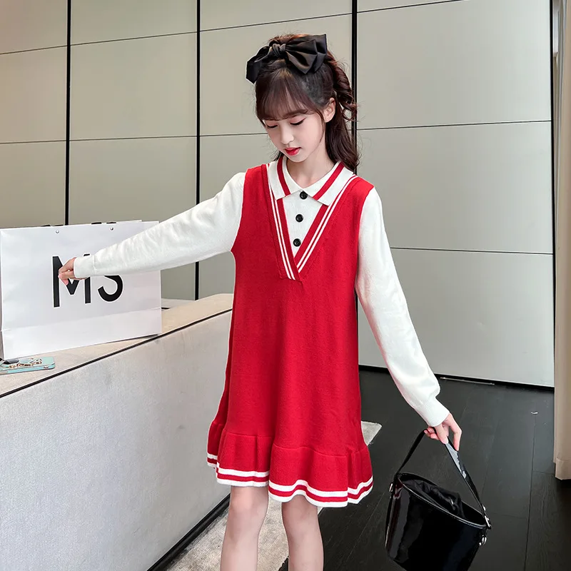 Kids Knitted Sweater Dress Girls Preppy Style Red Dresses Autumn Winter  Child Fashion Turn-down Collar Clothes 4 6 7 8 9 11 12 Y - AliExpress