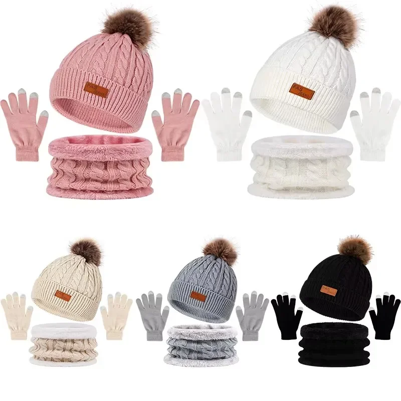 3Pcs Winter Knitted Hat Scarf Gloves Set for Children Solid Color Bonnet Cute Pompom Woolen Hats Warm Plush Scarves Accessories