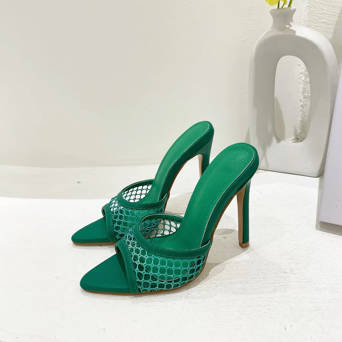 New Sexy Green Pointed Toe High Heel Mesh Slippers Summer Fashion Slip on Thin Heels Slides Mules Party Women Shoes