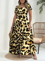 Plus Size 1XL-5XL Women's  Fashionable and Casual Print Round Neck Short Sleeved Flared Hem Long Dress - Image 2