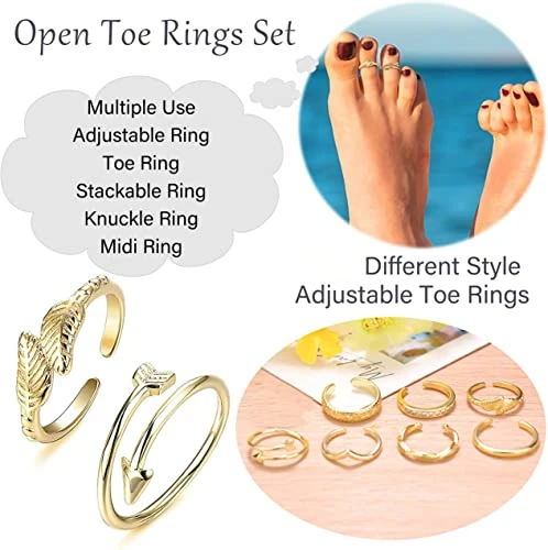 Adjustable Toe Rings for Women Summer Beach Open Toe Rings Set Flower Arrow Tail Pinky Band Rings Barefoot Foot Jewelry