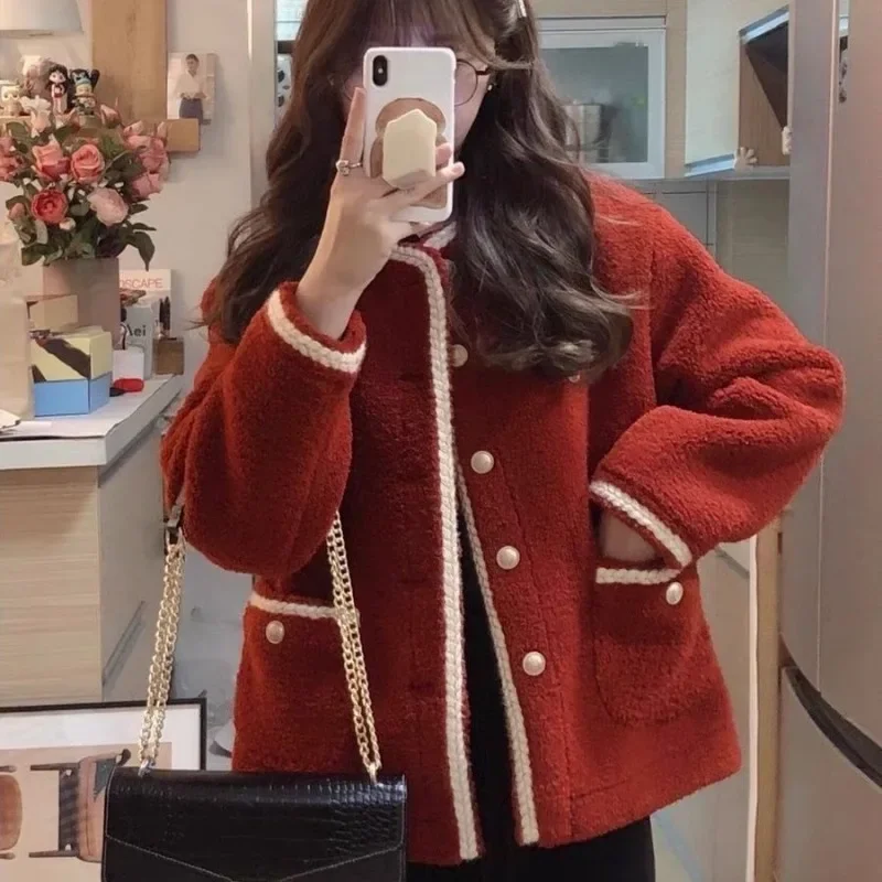QWEEK Red Women's Winter Jacket Korean Fashion Tweed Jackets Lamb Wool Coats Vintage Harajuku Long Sleeve Female Outwear Elegant