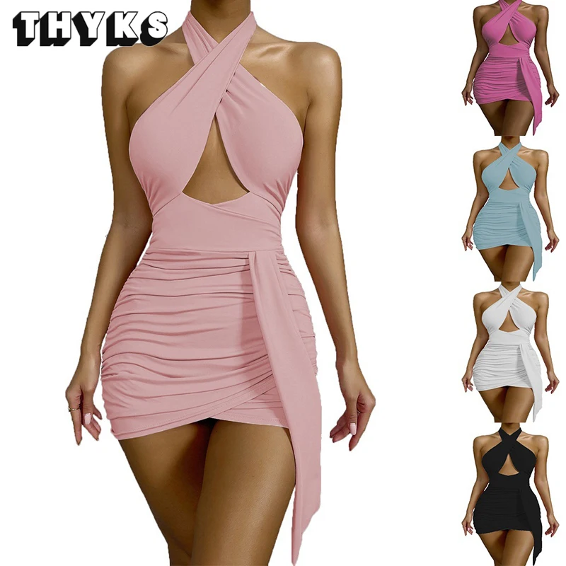 

Sexy and Simple Women's Tight-fitting Skirt Hanging Neck Dress Pleated Waist Hollow Sleeveless Buttocks Ins Vestidos Para Mujer