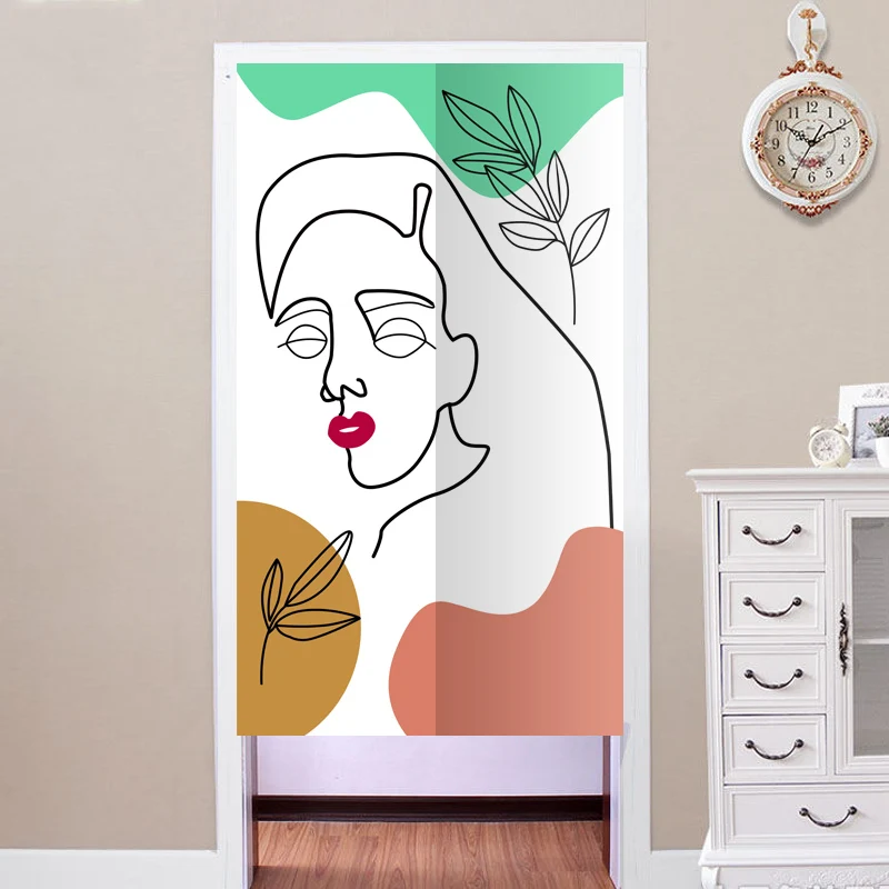 

Simplicity Girl's Portrait Line Drawing Curtain Rose Branches and Leaves Entrance Welcome Curtains for Dressing Room Door