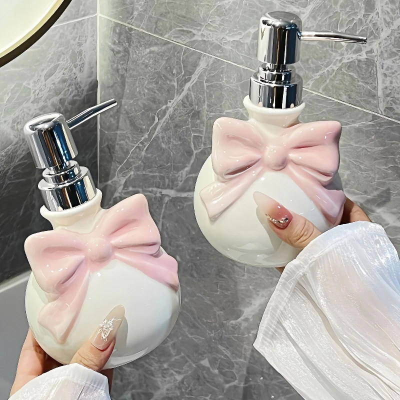 1pc Ceramic Bow Lotion Bottle Hand Sanitizer Press Bottle Body Wash, Hair Conditioner Bottled Separately Bathroom Accessories