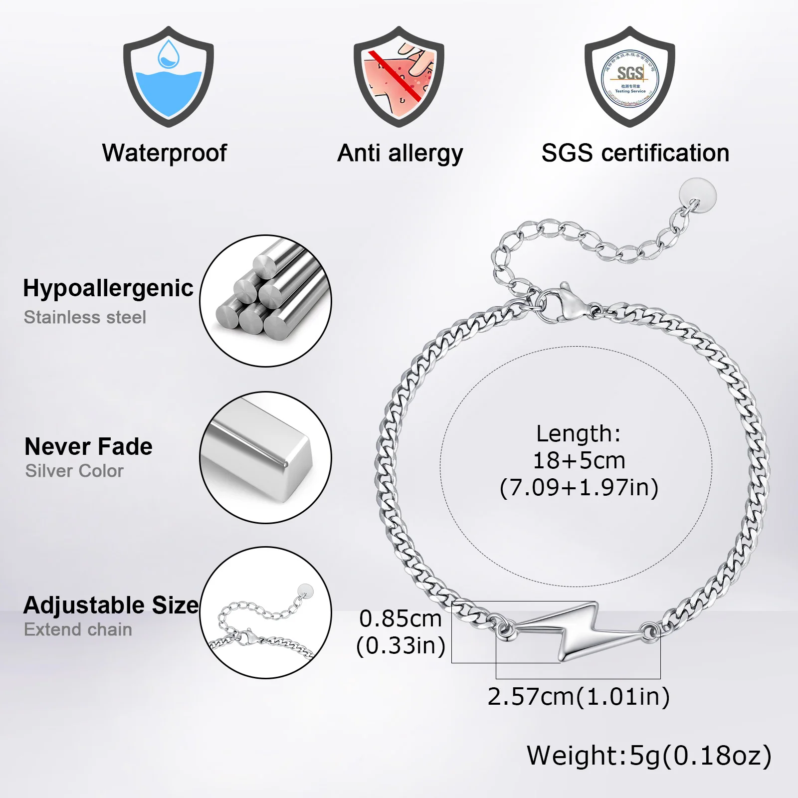 Waterproof Lighting Chain Bracelet for Men Boys,Stainless Steel Adjustable Cuban Link Wristband,Hip Hop Simple Jewelry Gift