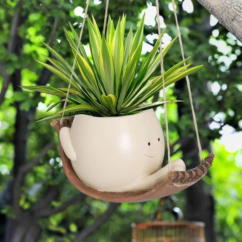 Vaso Sospeso A Faccina Sorridente: Fioriera In Resina Per Piante Grasse, Decorazione Interno/Esterno Con Corda - 2