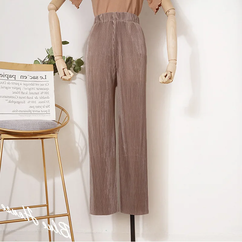 Women Style Silk Chiffon Nine-point Pants Casual Loose Trousers Solid Color Elastic Waist Bright Pleated Wide-leg Chic Pants