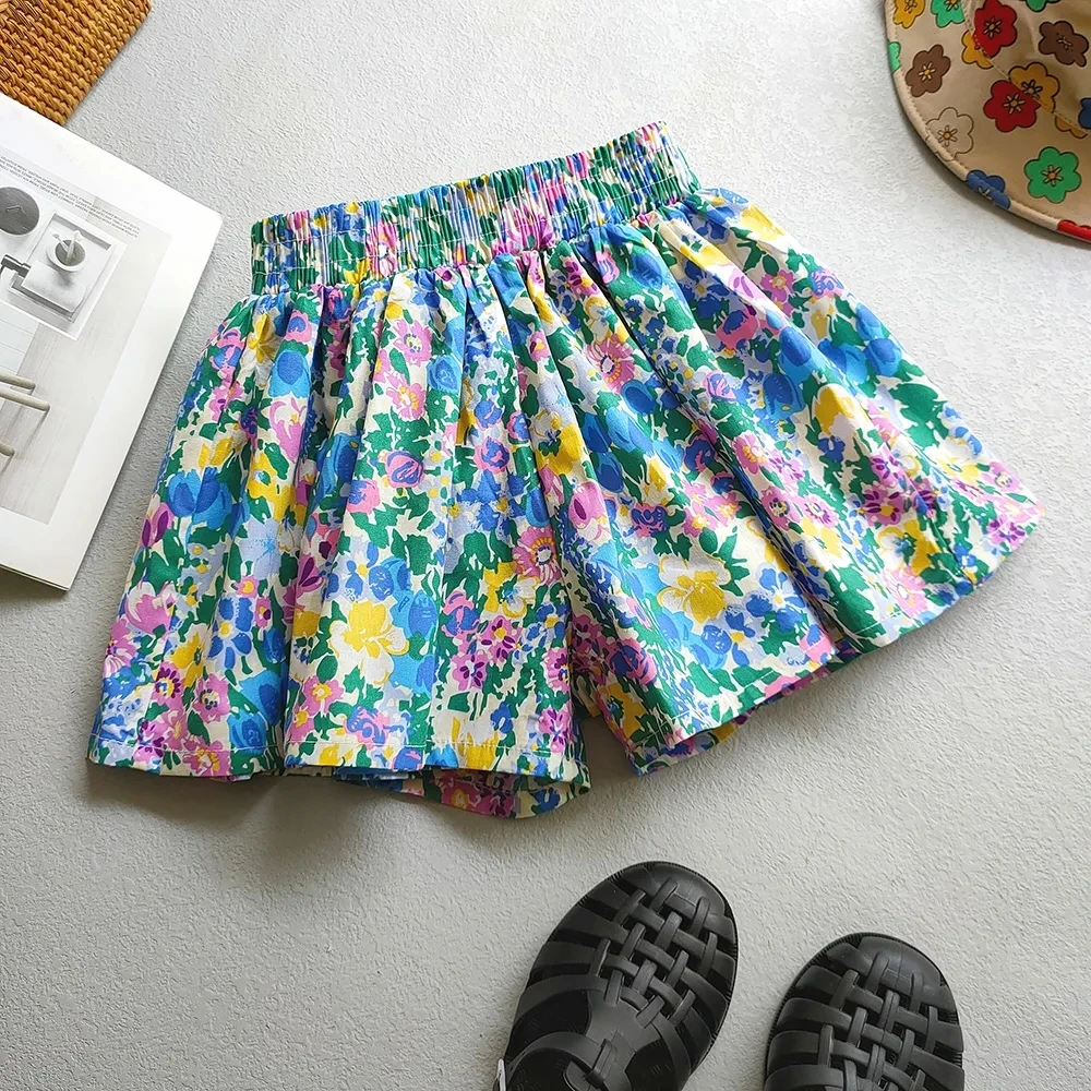 Summer Sweet Korean Edition Girls' Flower Shorts Versatile Children's Casual Loose Pants Skirt Girls' Wide Legged Pants